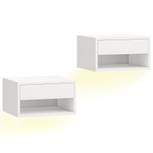 HOMCOM Juego de 2 Mesitas de Noche Flotantes con Luces LED RGB Control de APP Cajón Estante Abierto 37x32x21 cm Blanco
