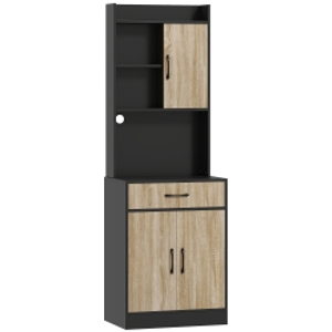 HOMCOM Kitchen cabinet with worktop and cable hole, modern kitchen chest with drawer, 3 open shelves, natural wood, black