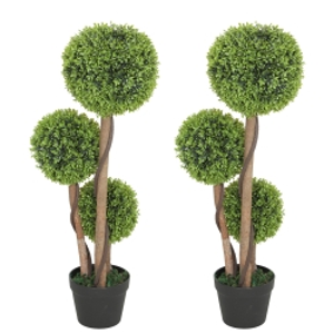 HOMCOM Decorative Artificial Trees Boxwood Ball Topiary Trees Set of 2 in Pot, Fake Plants for Home Indoor Outdoor Decor