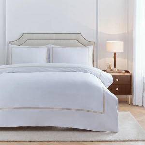 Elara Embroidered Duvet Cover Set - White & Champagne Super King 220x260cm