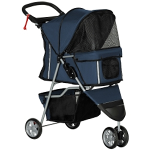 PawHut Carrito para Perros Pequeños con Cesta de Almacenaje Ventanas de Malla y 2 Ruedas Universales 75x45x97 cm Azul Oscuro