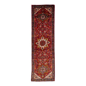 1960s Vintage Persian Heriz Handmade Red Medallion Wool Runner