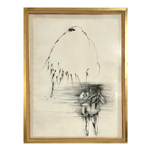 Leonard BaskinLeonard Baskin Watercolor Ink Illustration Painting Darkened Man, Nude with Bird, c.1957