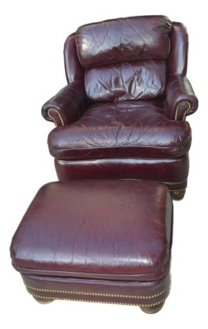 Hancock & Moore Burgundy / Wine Leather Club Arm Chair & Ottoman With Nailhead Trim