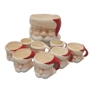 Vintage Santa Ceramic Punch Bowl & Santa Mugs- Set of 9