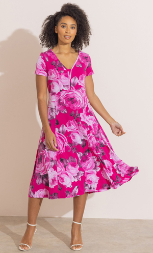 Bouquet Print Short Sleeve Dress - Pink