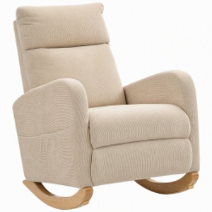HOMCOM Silla Mecedora de Pana con Respaldo Alto Patas de Madera de Caucho Bolsillos Reposabrazos Estilo Moderno Beige