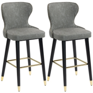 HOMCOM Bar Stools Set of 2, PU Leather Barstools with Back, Footrest and Wood Legs for Kitchen, Counter, Breakfast Bar, Grey