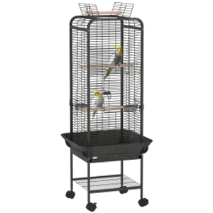 PawHut Jaula para Loros con Ruedas Perchas Comederos Estante y Bandeja Extraíble 62,5x62,5x146 cm Gris Oscuro