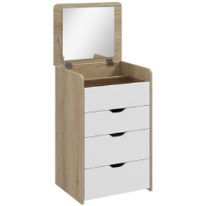 HOMCOM Tocador de Maquillaje 3 en 1 con Taburete Oculto y Espejo Abatible Mesa de Maquillaje de Vidrio Visible Roble y Blanco