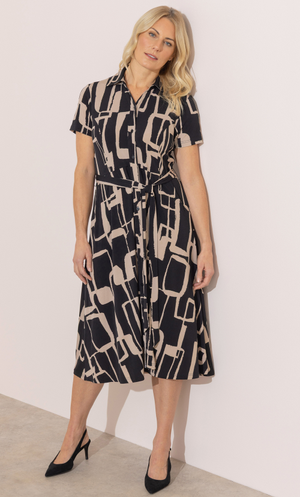 Anna Rose Printed Jersey Shirt Dress - Black/Stone