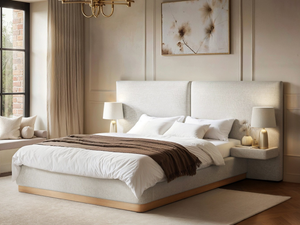 SOLACE+CO Vera Hotel Bed Frame with Integrated Bedside Tables Cream Chenille
