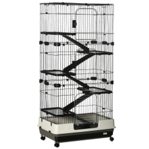 PawHut Jaula para conejos recinto de 5 niveles con 3 puertas 5 rampas bandeja extraíble ruedas 81 x 52,5 x 159 cm negro y gris