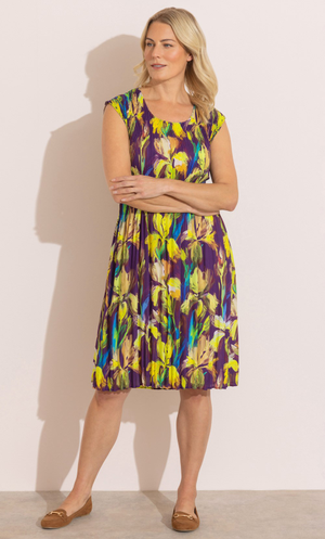 Floral Print Pleated Dress - Purple/Lime