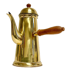 Vintage English Hollywood Regency Brass Over Stainless Chocolate-Coffee Pot With Wood Handle