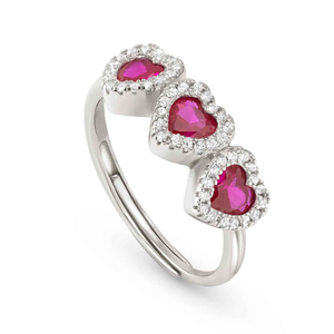 All My Love Silver Red CZ Triple Heart Ring