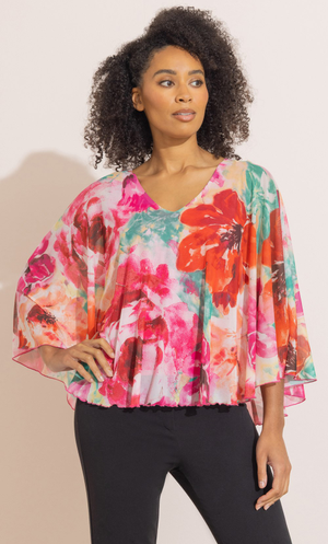 Watercolour Floral Print Mesh Cape Top - Pink Multi