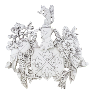 White Wood Carved Family Crest Wall Plaque With Squirrel and Floral Details