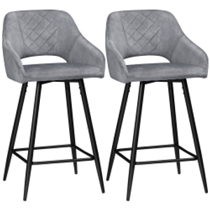 HOMCOM Conjunto de 2 taburetes de bar sillas altas efecto terciopelo y acero Negro con reposapiés apoyabrazos altura 67 cm Gris