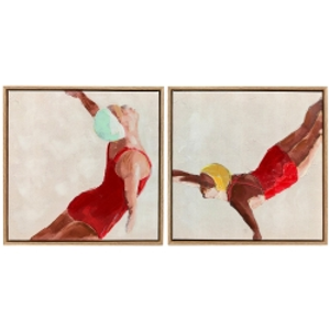 HOMCOM Cuadros en Lienzo Figuras Dinámicas a Mano 40x40 cm 2 Piezas Cuadros de Arte de Pared Enmarcados Rojo