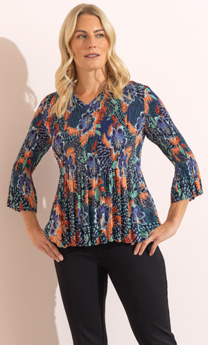 Garden Print Pleated Top - Navy/Blue/Orange