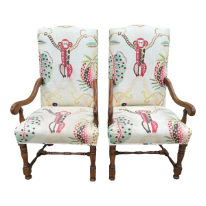 Set of 2 Louis XIV Style Armchairs, 20th Century Upholstered Monkey Chairs Palm Beach Jungle Style With Asian Flair