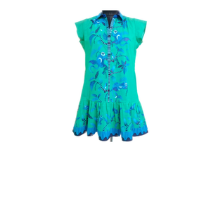 Havana Mini | Menagerie Green – Collared Mini Dress With Allover Animal Print & Flounced Hem In Cotton (L)