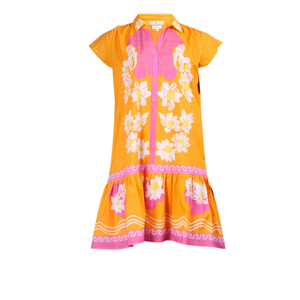 Havana Mini | White Lotus-Orange – Collared Mini Dress With Floral Motif & Contrast Border Hem In Cotton (M)