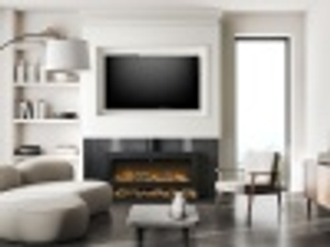 Acantha Pre-Built Slate Effect Media Wall 3 with Vision Electric Media Stove & Log Store in Black