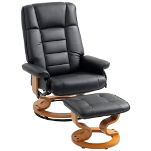 HOMCOM Sillón de relajación reclinable con reposapiés, giratorio, marco de madera, revestimiento sintético negro