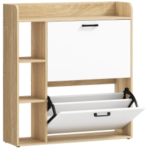 HOMCOM Zapatero Estrecho con 2 Puertas 3 Estantes Laterales y Estantes Ajustables para 15 Pares de Zapatos Natural y Blanco