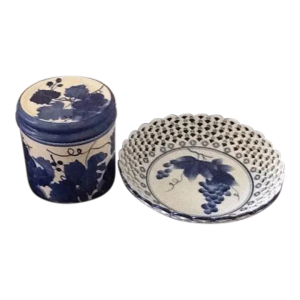 3-Piece Blue & White Grape Motif Porcelain Bowl/Lidded Jar Set