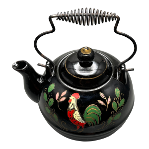 Vintage Japanese Black Glazed Redware Pottery Teapot With Hand Painted Rooster and Florals