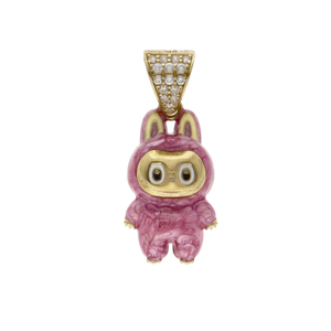 New 9ct Yellow Gold Pink Enamel & Cubic Zirconia Monster Pendant