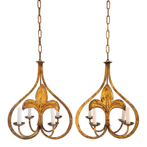 Vintage Spanish Gilt Iron Fleur-De-Lis Motif Chandelier Pendants-A Pair