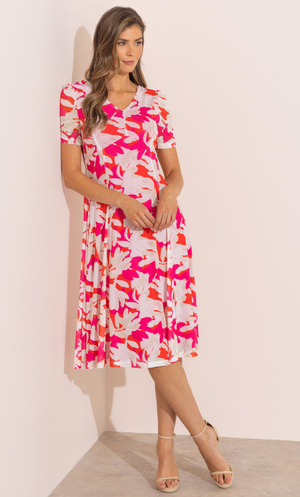 Floral Mesh V Neck Midi Dress - Pink Multi