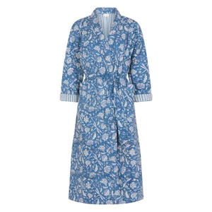 Luxury Quilted Hand Block Printed Robe - Dragonfly Stripe Print Blue (L)