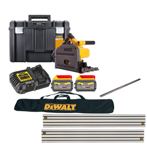 DeWalt DCS520T2 54V XR Cordless Brushless Flexvolt 165mm Plunge Saw With 2 x 6Ah Batteries, Charger, TSTAK Case, 2 x 1.5m Guide Rail, Connector Bar & DWS5025 Guide Rail Carry Bag