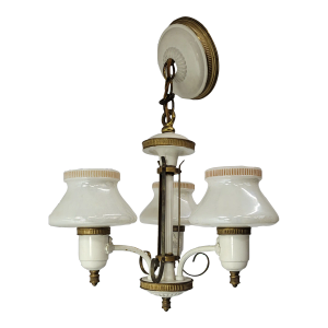 1930s Vintage Art Deco Ceiling Light Chandelier 3 Milk Glass Custard Cup Globes