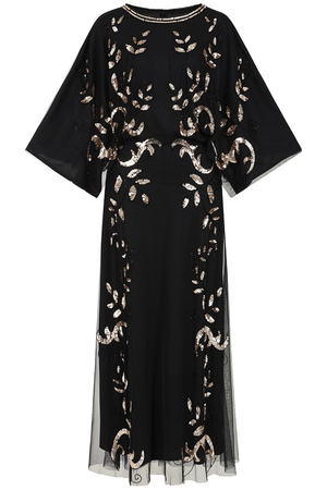 Ambretta Black Leaf Embellished Maxi Dress With Batwing Sleeves (XL)