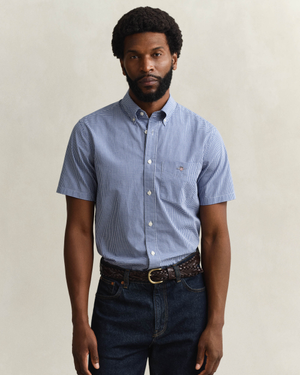 GANT Mens Regular Fit Classic Poplin Gingham Short Sleeve Shirt - 436 College Blue