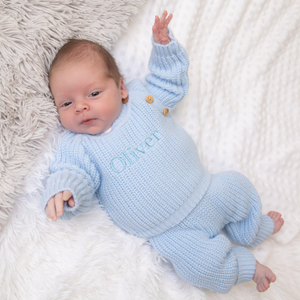 Pastel Blue Fisherman Knit Jumper & Trousers Outfit