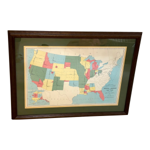 1968 Us Map "Principal Meridians and Base Lines" in Wood Frame