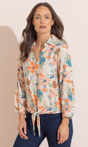 Tie Front Floral Print Top - Peach/Green