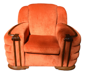 1950s Art Deco Large Orange Club / Accent Arm Chair With Wood Trim & Rounded Ribbed Sides