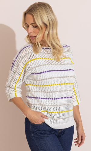 Striped Crochet Knit Jumper - White/Purple/Lemon