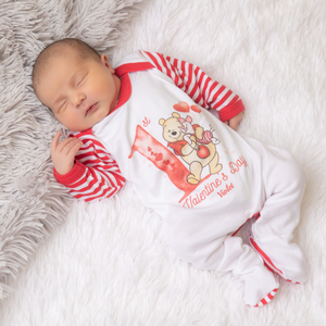 1st Valentines Day Bear & Hugs Stripe Sleepsuit