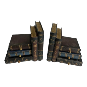 Late 20th Century Wooden Bookends Accompanied by Triplet of Faux Book Drawers - a Pair