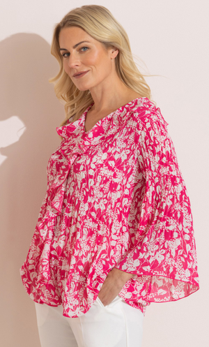 Floral Print Pleated Ruffle Top - Sunflower