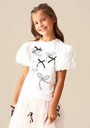 Aofie White Bow Embellished Puff Sleeve Tee